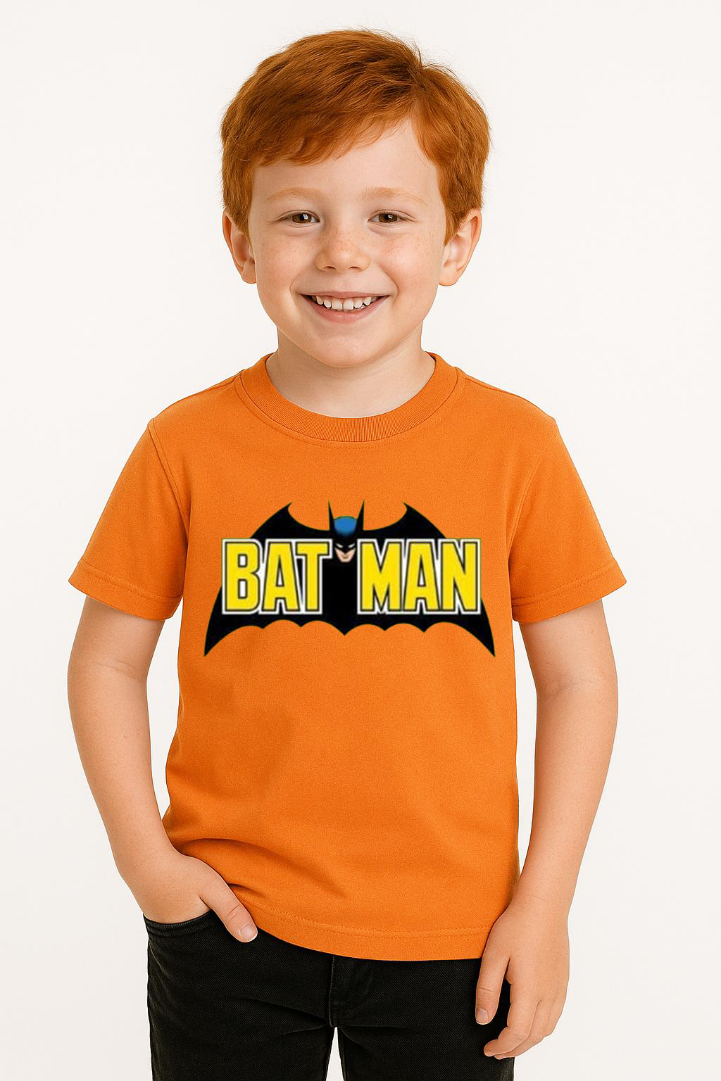 Batman Baskılı Erkek Çocuk Tişörtü - Kısa Kollu Pamuklu Yazlık Basic Süper Kahraman Tasarım Turuncu 3-4 Yaş