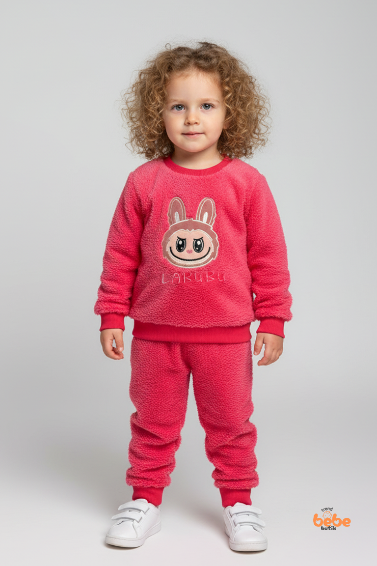 Kız Çocuk Labubu Karakter Nakışlı Peluş Polar Pijama Takımı | Kışlık 2’li Ev Giyim Seti