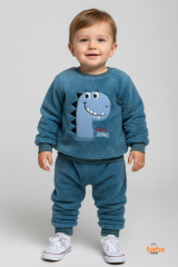 Erkek Çocuk Dinozor Nakışlı 2’li Peluş Polar Pijama Takımı Ev ve Günlük Giyim Seti Eşofman Takımı