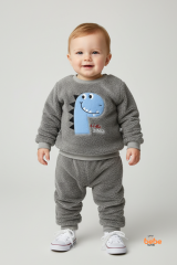 Erkek Çocuk Dinozor Nakışlı 2’li Peluş Polar Pijama Takımı Ev ve Günlük Giyim Seti Eşofman Takımı