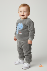 Erkek Çocuk Dinozor Nakışlı 2’li Peluş Polar Pijama Takımı Ev ve Günlük Giyim Seti Eşofman Takımı