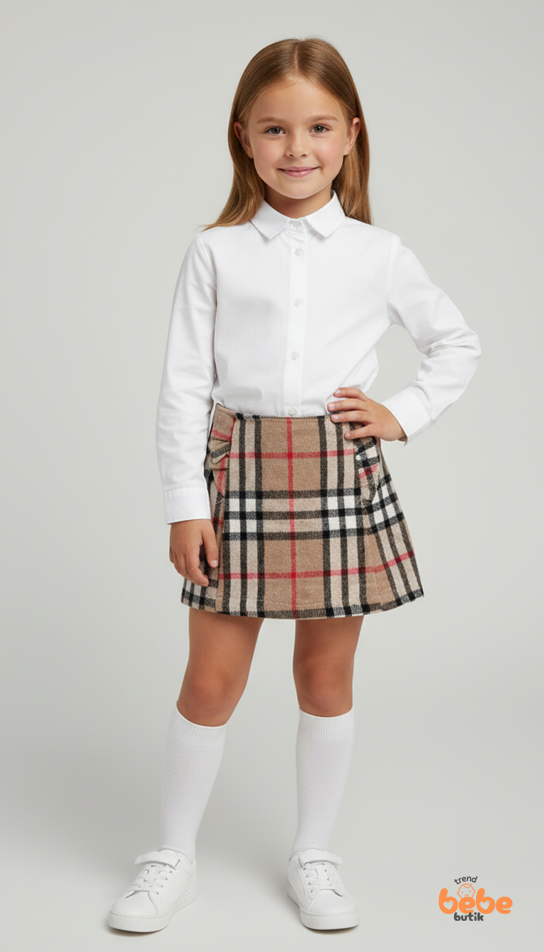 Kız Çocuk Kaşkorşe Ekoseli Şort Etek – Okul & Günlük Giyim Rahat Şık Şort Etek