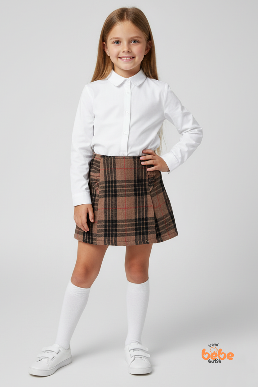 Kız Çocuk Kaşkorşe Ekoseli Şort Etek – Okul & Günlük Giyim Rahat Şık Şort Etek 5 YAŞ