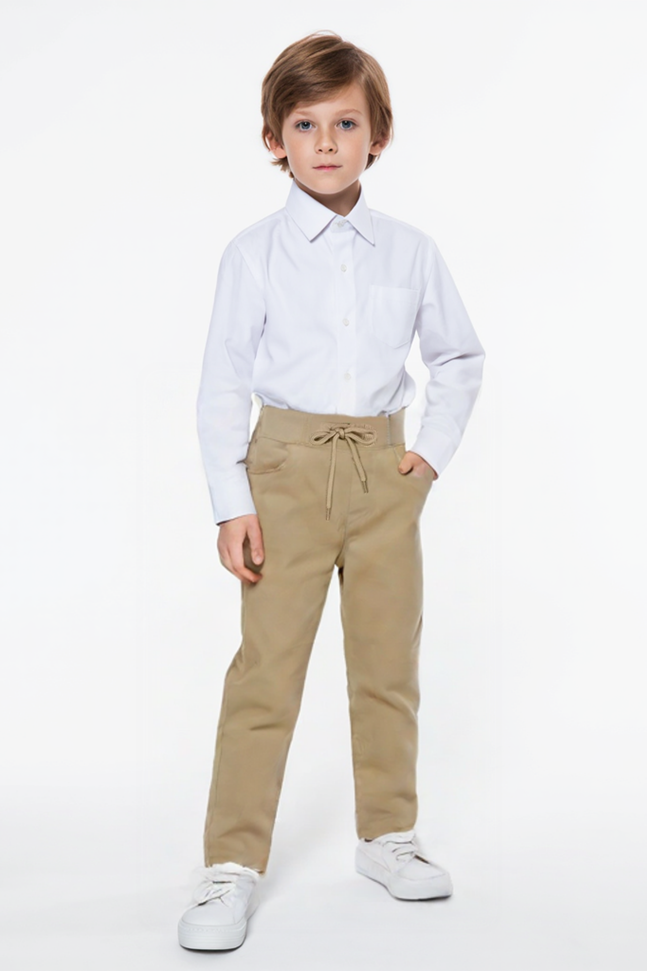 Erkek Çocuk Lastikli Ribana Bel Kanvas Çocuk Pantolonu Okul Pantolonu BEJ - 6-7 Yaş