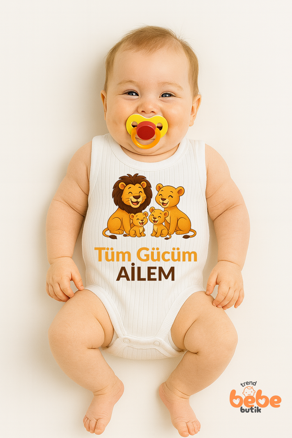 “Tüm Gücüm Ailem” Yazılı Aslan Aile Baskılı Bebek Zıbın Body %100 Pamuklu Çıtçıtlı Atlet Tulum Body 36 AY