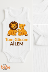 “Tüm Gücüm Ailem” Yazılı Aslan Aile Baskılı Bebek Zıbın Body %100 Pamuklu Çıtçıtlı Atlet Tulum Body 36 AY