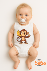 Maymun Baskılı Bebek Zıbın Body – %100 Pamuk Çıtçıtlı Atlet Body | 6-36 Ay Unisex Bebek Tulum Body 36 AY