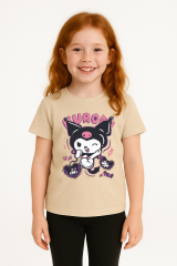 Kuromi Karakter Baskılı Kız Çocuk Tişört Moda Renkli Pamuklu Yazlık Günlük Tshirt Basic Kısa Kollu Bej 13-14 Yaş