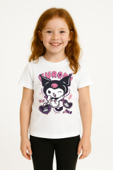 Kuromi Karakter Baskılı Kız Çocuk Tişört Moda Renkli Pamuklu Yazlık Günlük Tshirt Basic Kısa Kollu Beyaz