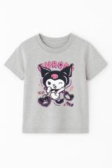 Kuromi Karakter Baskılı Kız Çocuk Tişört Moda Renkli Pamuklu Yazlık Günlük Tshirt Basic Kısa Kollu Gri