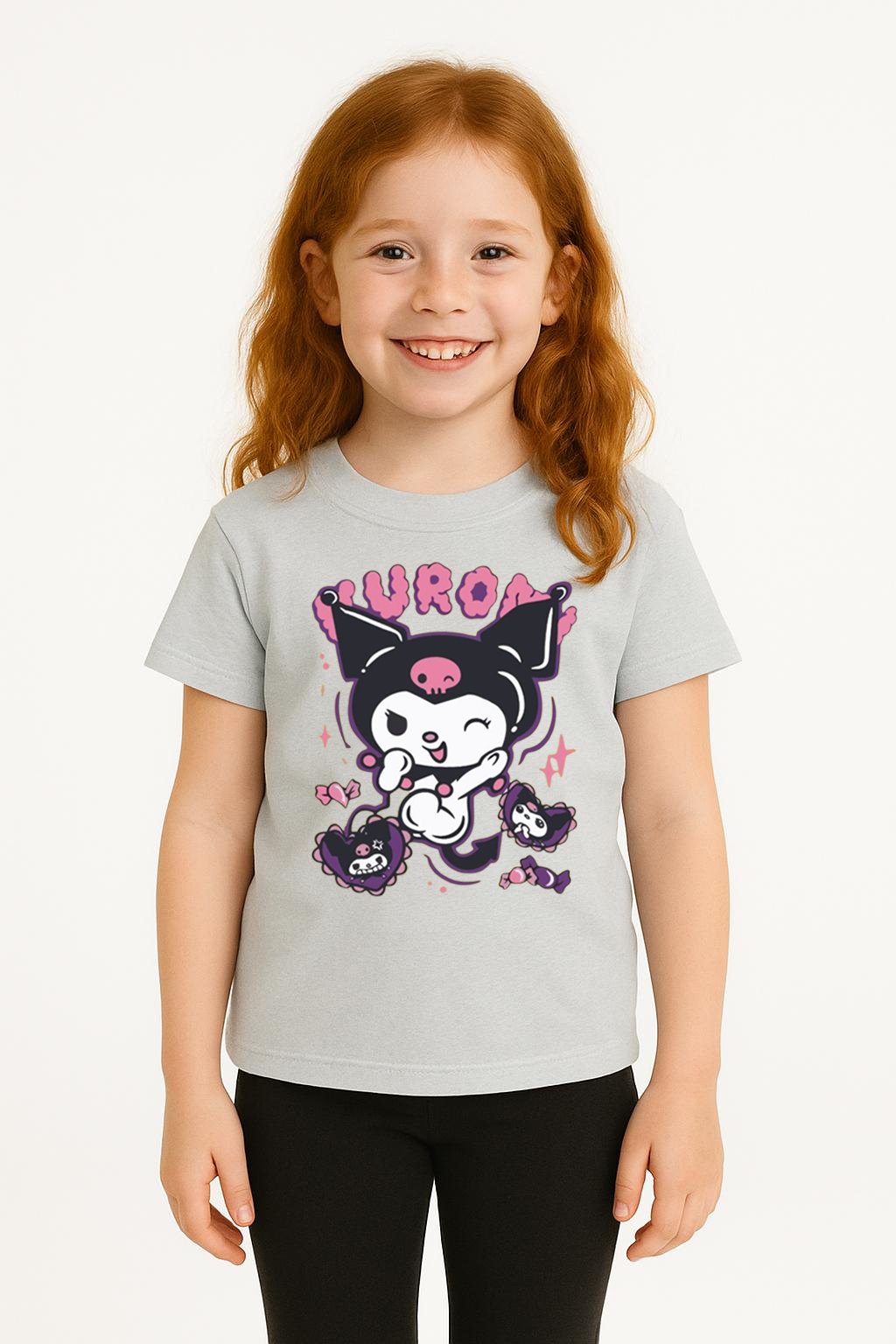 Kuromi Karakter Baskılı Kız Çocuk Tişört Moda Renkli Pamuklu Yazlık Günlük Tshirt Basic Kısa Kollu Gri