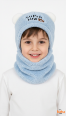 Erkek Çocuk Kulaklı Bere Boyunluk Takım Polar Kumaşlı Süper Hero Desenli Kışlık Şapka & Atkı 3-12Yaş