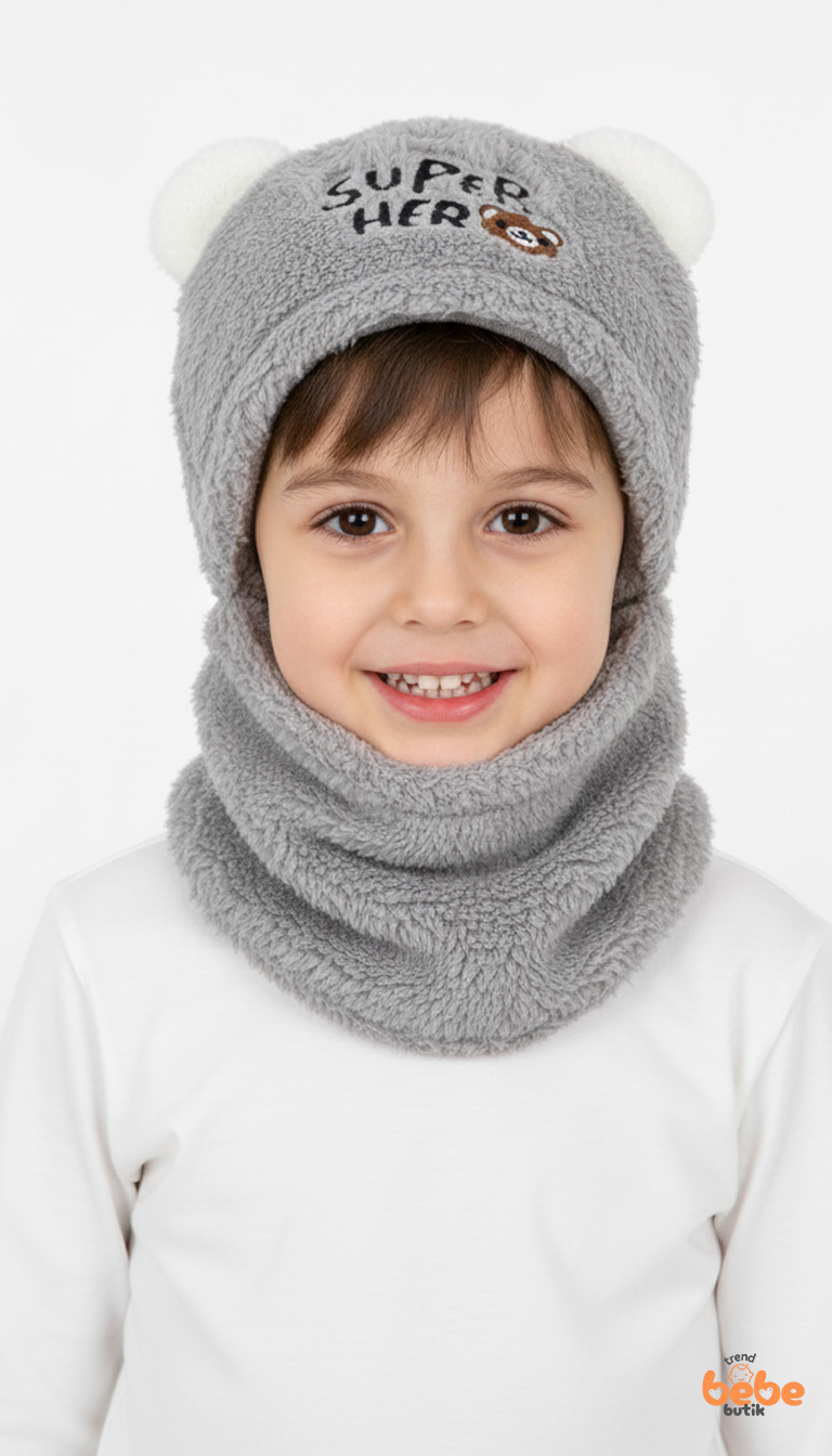 Erkek Çocuk Kulaklı Bere Boyunluk Takım Polar Kumaşlı Süper Hero Desenli Kışlık Şapka & Atkı 3-12Yaş