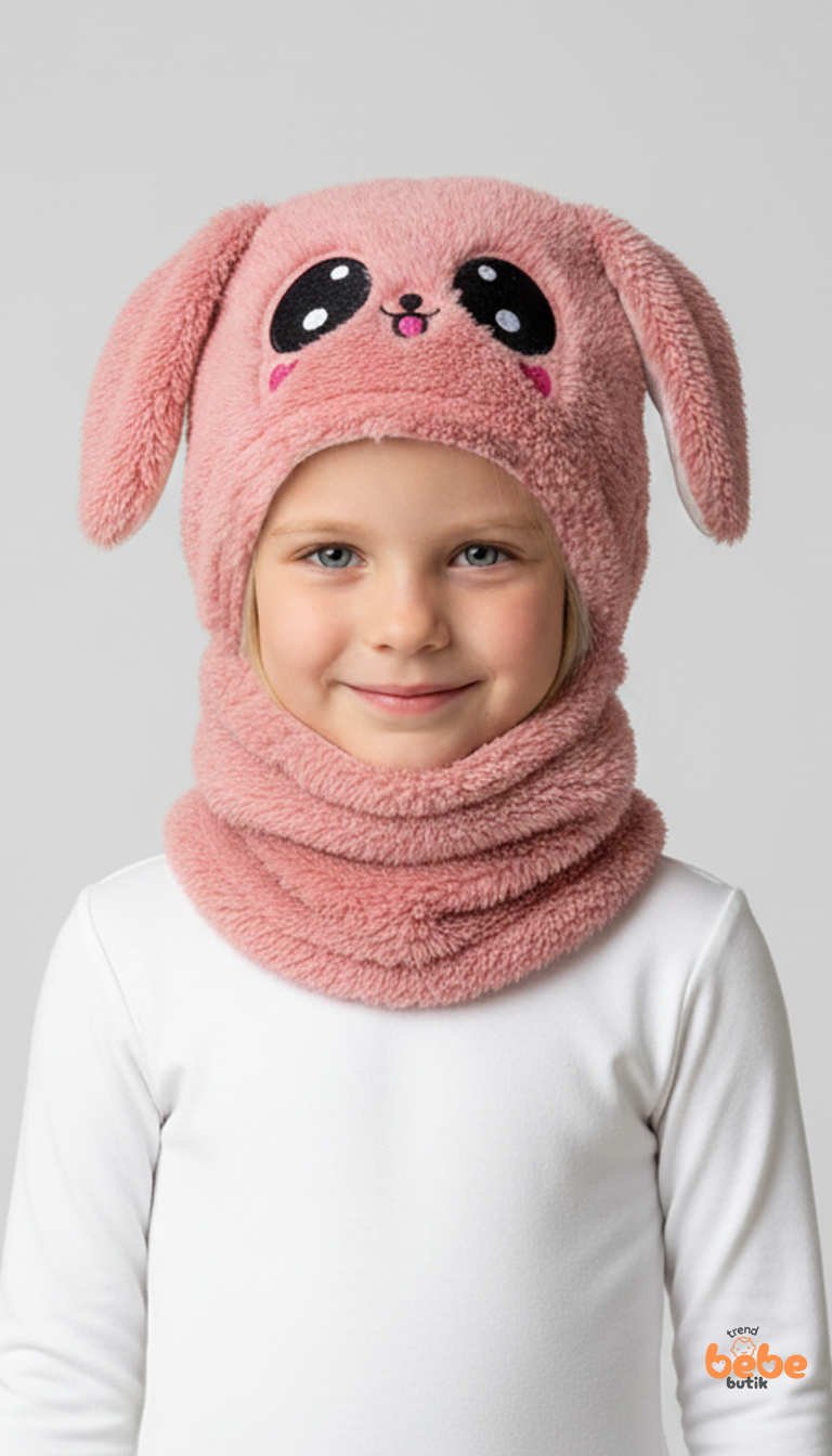 Kız Çocuk Kulaklı Bere Boyunluk Takım – Sevimli Tavşan Desenli Polar Kışlık Şapka & Atkı, 3-12 Yaş
