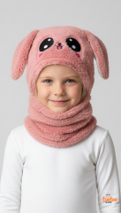 Kız Çocuk Kulaklı Bere Boyunluk Takım – Sevimli Tavşan Desenli Polar Kışlık Şapka & Atkı, 3-12 Yaş