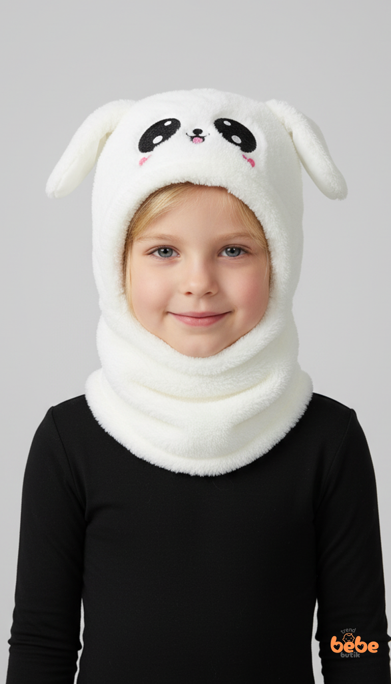 Kız Çocuk Kulaklı Bere Boyunluk Takım – Sevimli Tavşan Desenli Polar Kışlık Şapka & Atkı, 3-12 Yaş