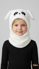 Kız Çocuk Kulaklı Bere Boyunluk Takım – Sevimli Tavşan Desenli Polar Kışlık Şapka & Atkı, 3-12 Yaş