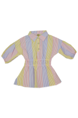 Çizgili Beli Gipeli Kız Çocuk Gömlek Tunik Elbise PEMBE - 9-10 Yaş
