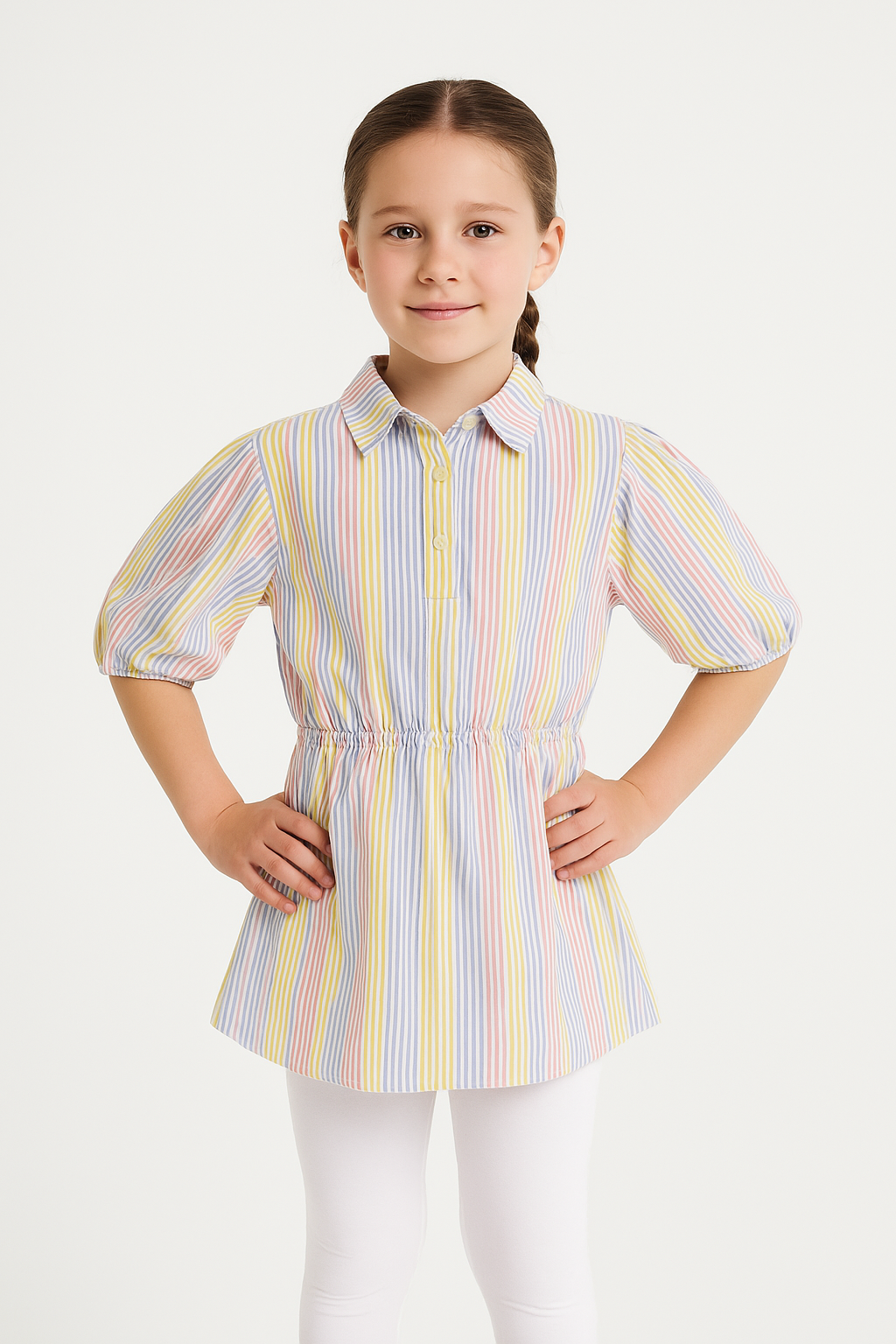 Çizgili Beli Gipeli Kız Çocuk Gömlek Tunik Elbise PEMBE - 9-10 Yaş