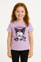 Kuromi Karakter Baskılı Kız Çocuk Tişört Moda Renkli Pamuklu Yazlık Günlük Tshirt Basic Kısa Kollu Lila 3-4 Yaş