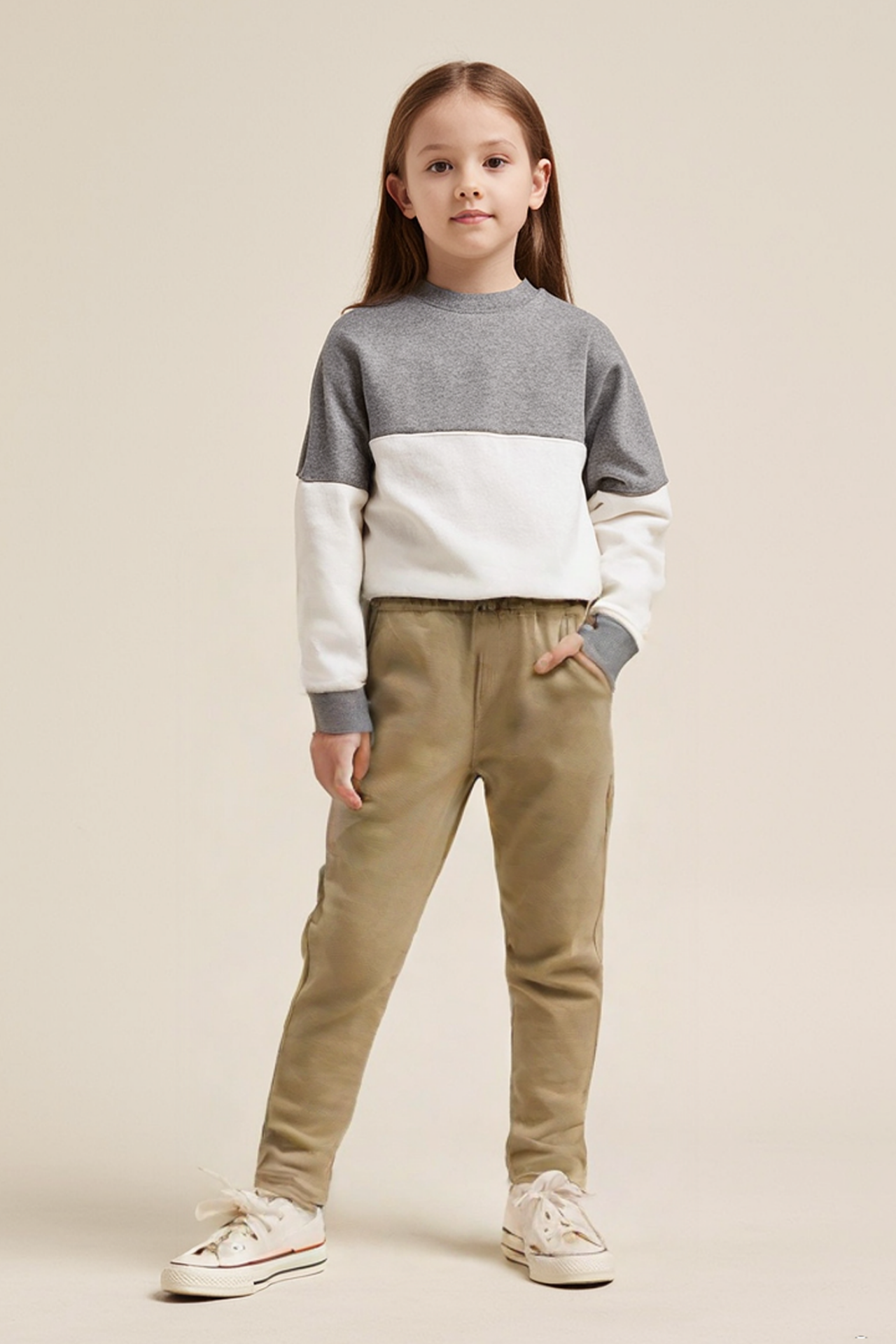 Kız Çocuk Keten Eşofman Altı Rahat ve Şık Lastikli Pantolon Günlük, Okul ve Spor İçin Yumuşak Kumaş BEJ - 6-7 Yaş