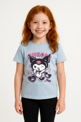 Kuromi Karakter Baskılı Kız Çocuk Tişört Moda Renkli Pamuklu Yazlık Günlük Tshirt Basic Kısa Kollu Açık Mavi 7-8 Yaş
