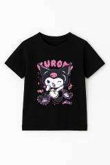 Kuromi Karakter Baskılı Kız Çocuk Tişört Moda Renkli Pamuklu Yazlık Günlük Tshirt Basic Kısa Kollu Siyah