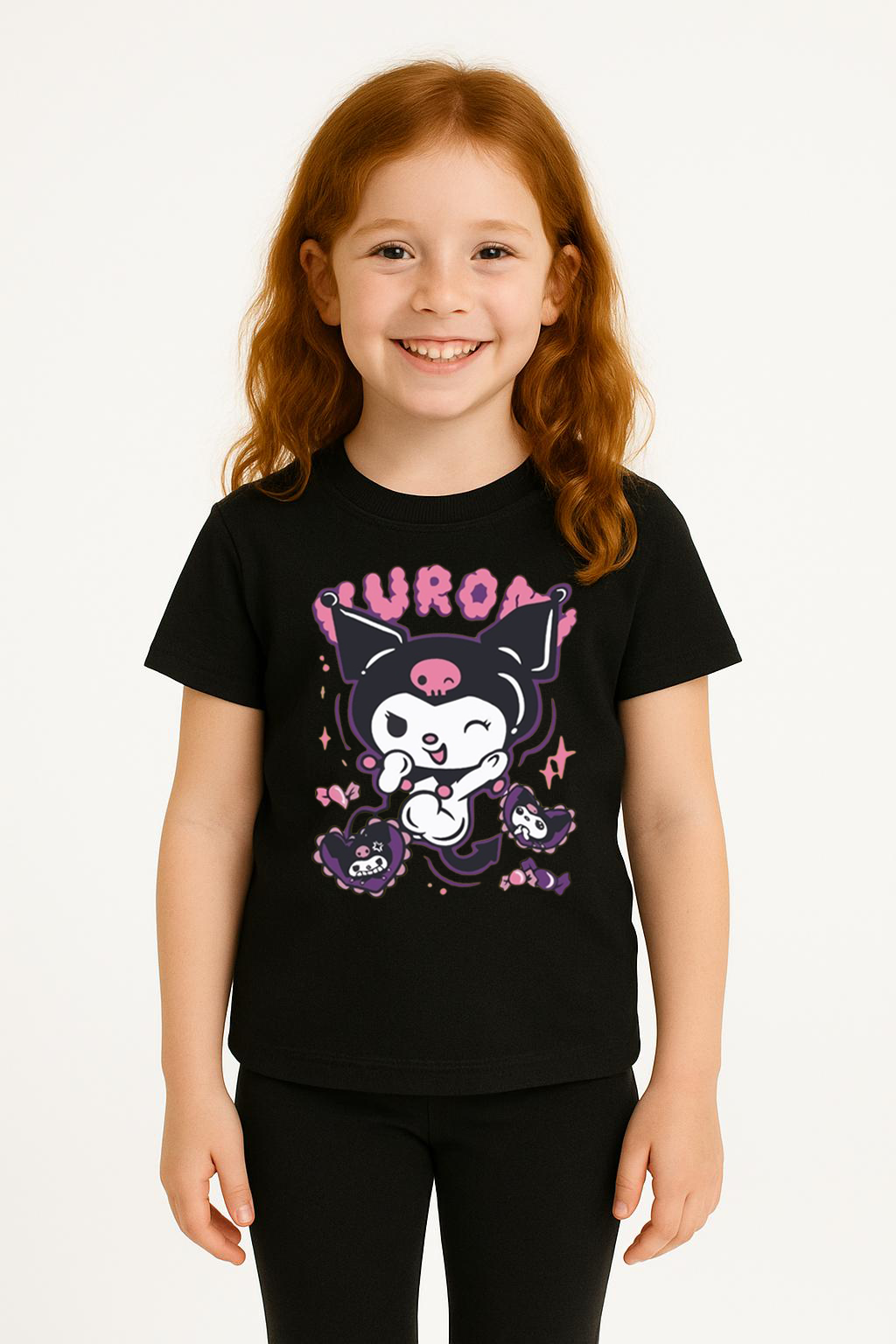 Kuromi Karakter Baskılı Kız Çocuk Tişört Moda Renkli Pamuklu Yazlık Günlük Tshirt Basic Kısa Kollu Siyah