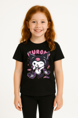 Kuromi Karakter Baskılı Kız Çocuk Tişört Moda Renkli Pamuklu Yazlık Günlük Tshirt Basic Kısa Kollu Siyah