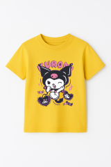 Kuromi Karakter Baskılı Kız Çocuk Tişört Moda Renkli Pamuklu Yazlık Günlük Tshirt Basic Kısa Kollu Sarı