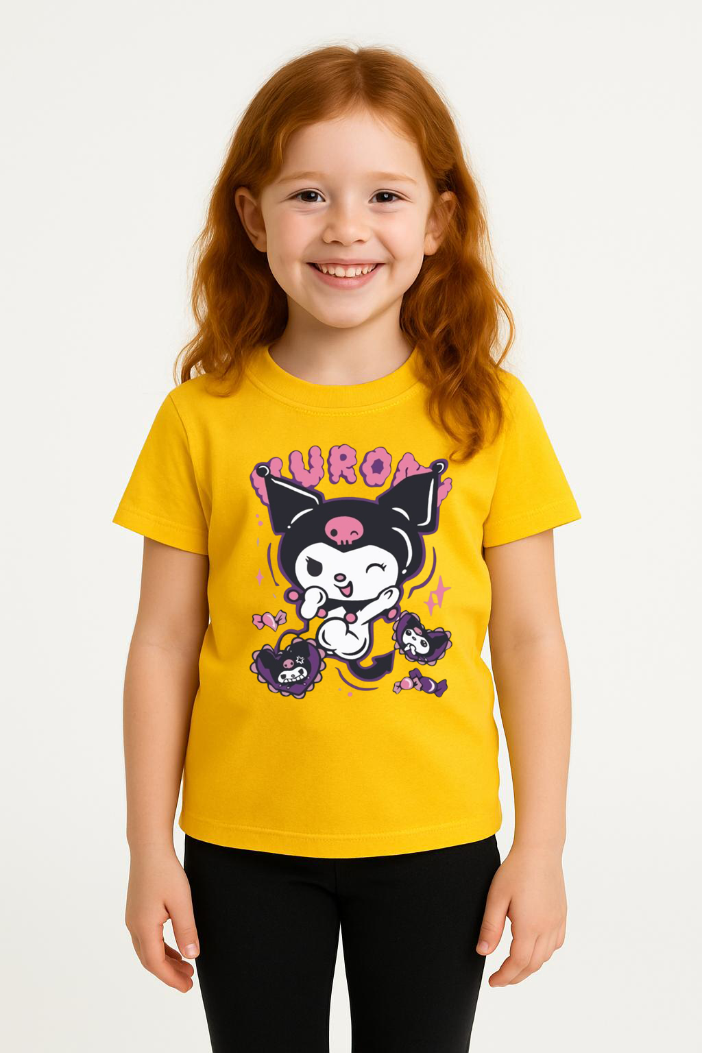 Kuromi Karakter Baskılı Kız Çocuk Tişört Moda Renkli Pamuklu Yazlık Günlük Tshirt Basic Kısa Kollu Sarı