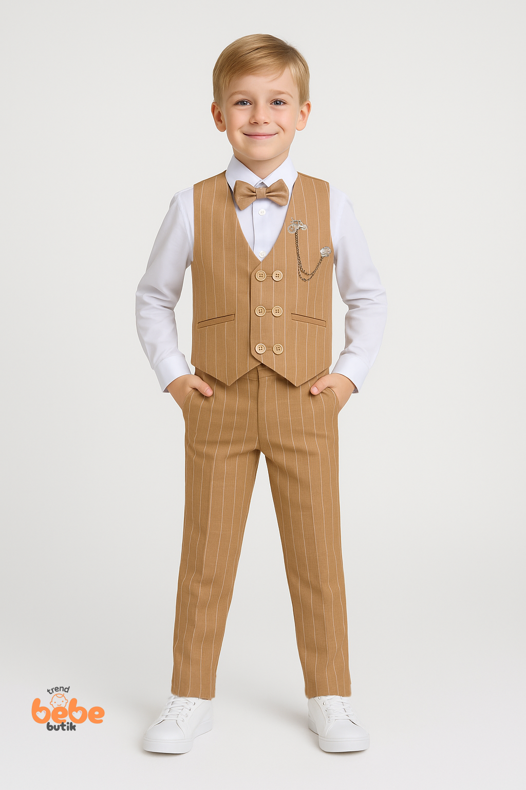 Erkek Çocuk Smokin Takım Elbise Lacivert Çizgili Yelekli, Papyonlu Özel Gün Kıyafeti Düğün,Bayramlık 10 YAŞ