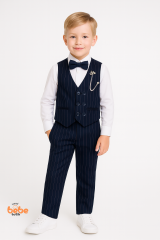 Erkek Çocuk Smokin Takım Elbise Lacivert Çizgili Yelekli, Papyonlu Özel Gün Kıyafeti Düğün,Bayramlık