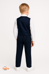 Erkek Çocuk Smokin Takım Elbise Lacivert Çizgili Yelekli, Papyonlu Özel Gün Kıyafeti Düğün,Bayramlık