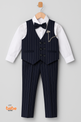 Erkek Çocuk Smokin Takım Elbise Lacivert Çizgili Yelekli, Papyonlu Özel Gün Kıyafeti Düğün,Bayramlık