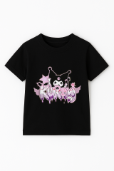 Kuromi Karakter Baskılı Kız Çocuk Tişörtü Pamuklu,Yazlık, Renkli Günlük Üst Rahat Kalıp Basic Tişört Siyah