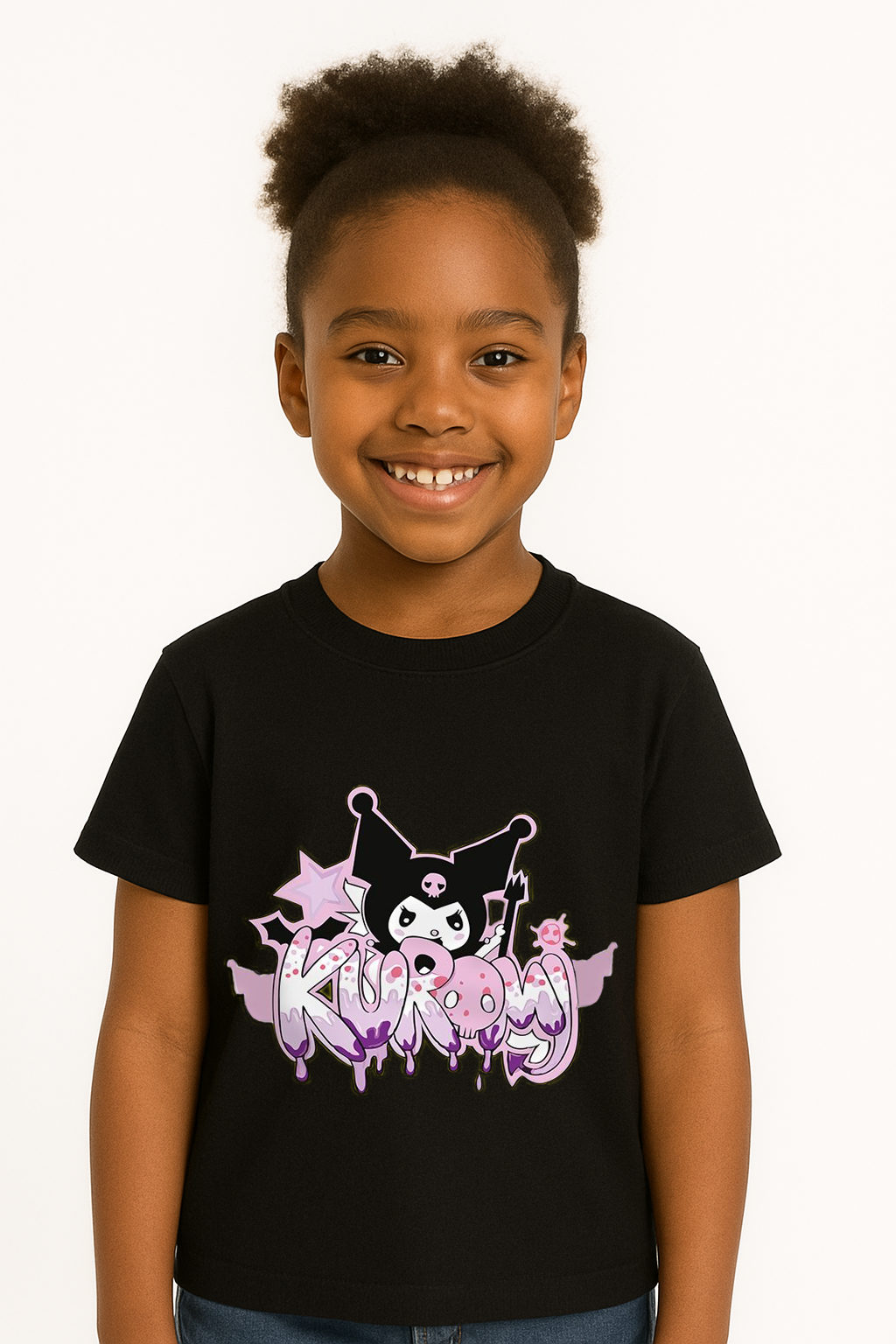 Kuromi Karakter Baskılı Kız Çocuk Tişörtü Pamuklu,Yazlık, Renkli Günlük Üst Rahat Kalıp Basic Tişört Siyah