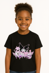 Kuromi Karakter Baskılı Kız Çocuk Tişörtü Pamuklu,Yazlık, Renkli Günlük Üst Rahat Kalıp Basic Tişört Siyah