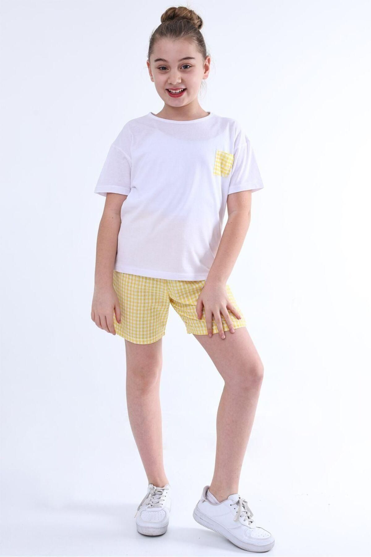 Kız Çocuk Ekoseli Şort ve Beyaz Tişört Takımı, Pijama Takımı, Günlük, Spor SARI - 13-14 Yaş