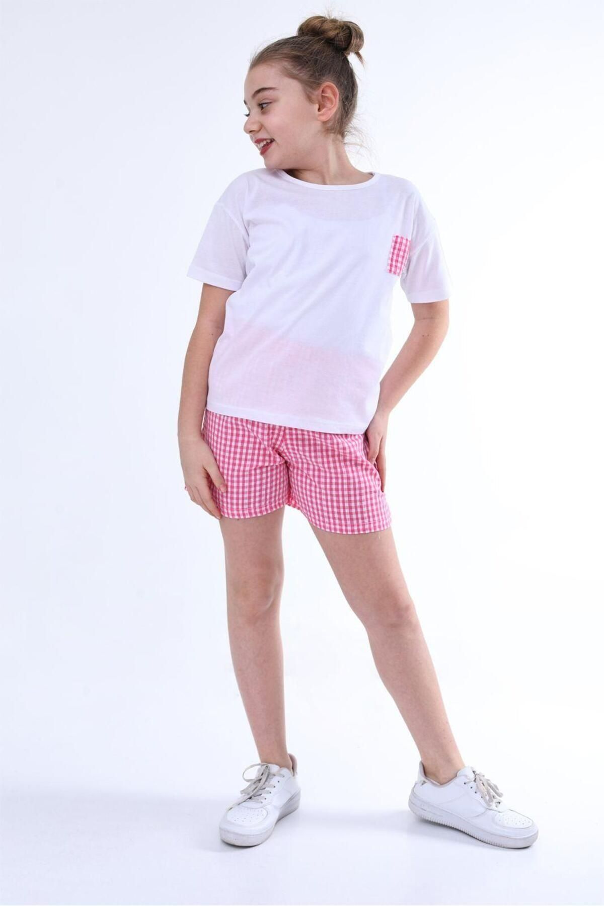 Kız Çocuk Ekoseli Şort ve Beyaz Tişört Takımı, Pijama Takımı, Günlük, Spor PEMBE - 13-14 Yaş