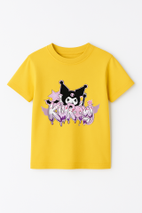 Kuromi Karakter Baskılı Kız Çocuk Tişörtü Pamuklu,Yazlık, Renkli Günlük Üst Rahat Kalıp Basic Tişört Sarı