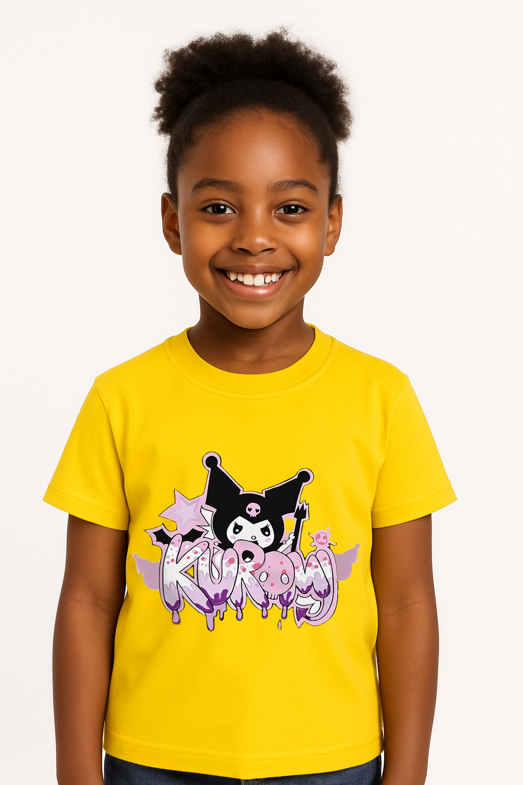 Kuromi Karakter Baskılı Kız Çocuk Tişörtü Pamuklu,Yazlık, Renkli Günlük Üst Rahat Kalıp Basic Tişört Sarı