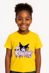 Kuromi Karakter Baskılı Kız Çocuk Tişörtü Pamuklu,Yazlık, Renkli Günlük Üst Rahat Kalıp Basic Tişört Sarı