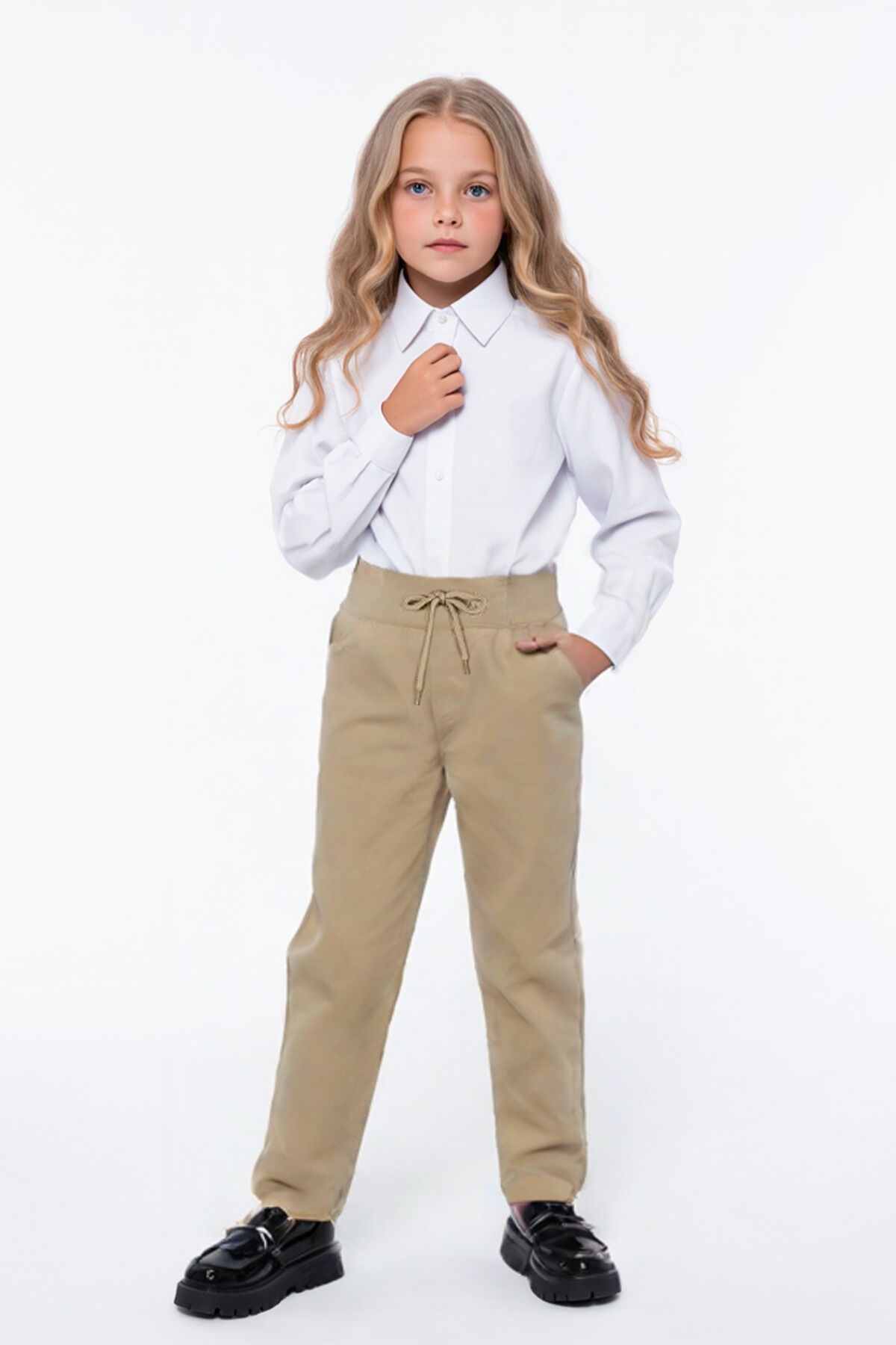 Kız Çocuk Lastikli Ribana Bel Kanvas Çocuk Pantolonu Okul Pantolon