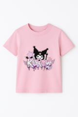 Kuromi Karakter Baskılı Kız Çocuk Tişörtü Pamuklu,Yazlık, Renkli Günlük Üst Rahat Kalıp Basic Tişört Pembe