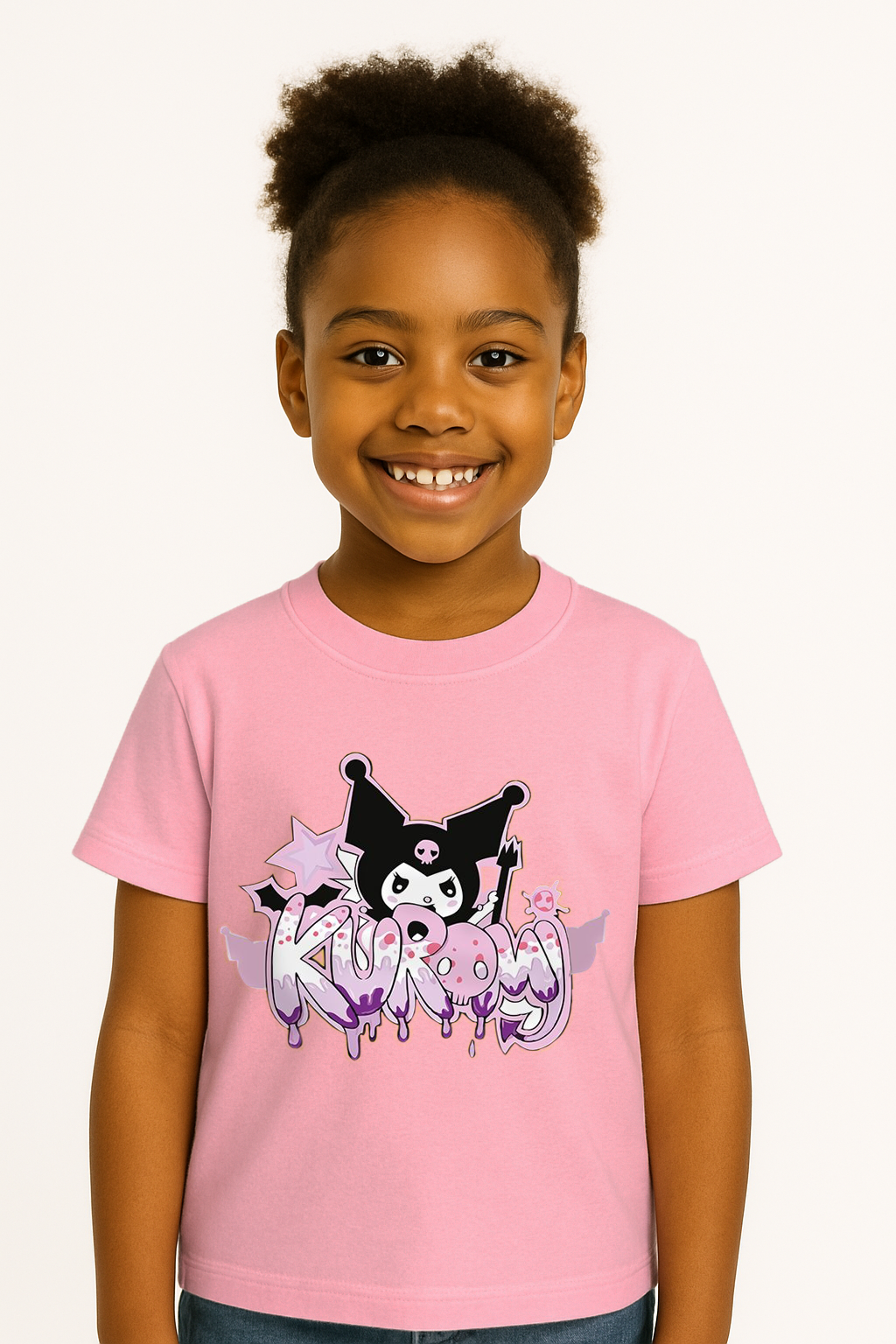 Kuromi Karakter Baskılı Kız Çocuk Tişörtü Pamuklu,Yazlık, Renkli Günlük Üst Rahat Kalıp Basic Tişört Pembe