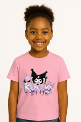 Kuromi Karakter Baskılı Kız Çocuk Tişörtü Pamuklu,Yazlık, Renkli Günlük Üst Rahat Kalıp Basic Tişört Pembe