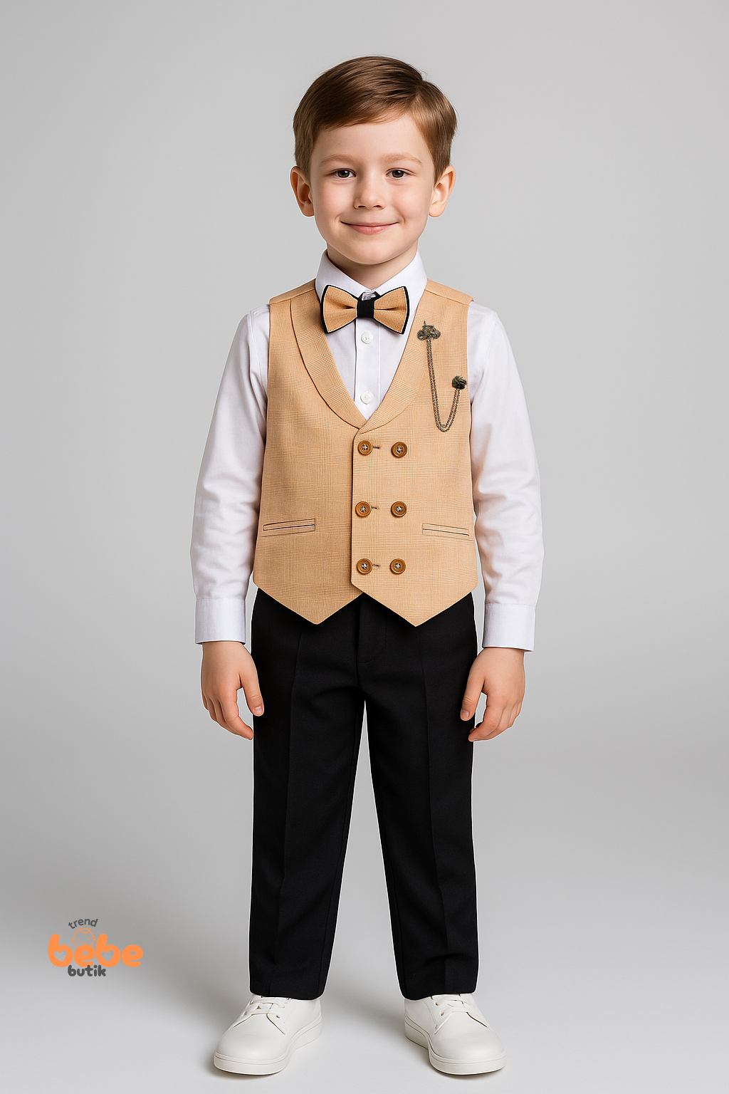 Erkek Çocuk Yelekli Takım Elbise Papyonlu 4’lüSet Gömlek,Pantolon,Yelek Düğün,Sünnet,Bayramlık Takım 5 YAŞ