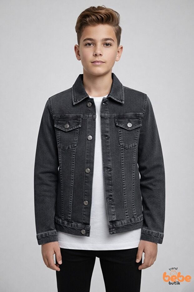 Erkek Çocuk Kot Ceket Jean Mont Rahat Kalıp 9-15 Yaş Günlük Okul Ceketi Mevsimlik Denim Ceket Gri 15 YAŞ