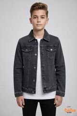 Erkek Çocuk Kot Ceket Jean Mont Rahat Kalıp 9-15 Yaş Günlük Okul Ceketi Mevsimlik Denim Ceket Gri 15 YAŞ